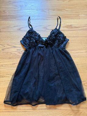 Black Floral Appliqué Mesh Chemise with Bow Detail